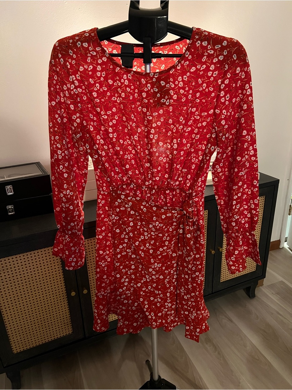 Red Floral Long-Sleeve Wrap Dress